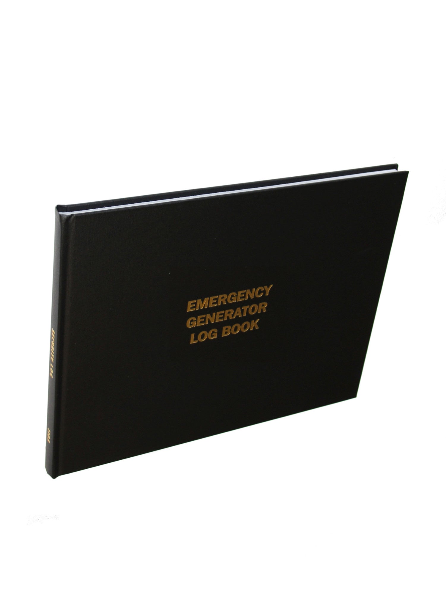 An Emergency Generator Log Book Cover in Black with Gold Lettering