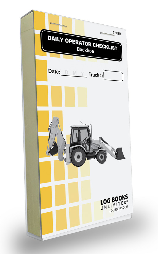 "Daily Operator Checklist – Backhoe" logbook. The cover features a backhoe illustration and spaces to record the Date and Truck Number. The background consists of yellow squares, and the logbook branding "LOG BOOKS UNLIMITED®" is visible at the bottom. 