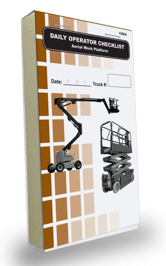 Cover of the Daily Operator Checklist logbook for Aerial Work Platforms. The cover features a brown and white grid background with two images of a gray Aerial Work Platforms. It includes fields to record the date and truck number, with bold black text labeling the log book.