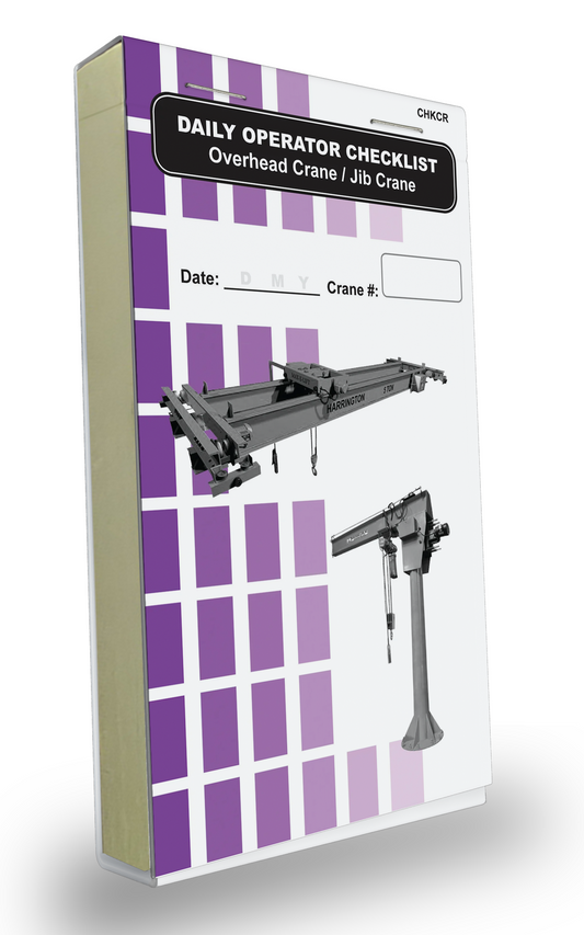 Cover of the Daily Operator Checklist logbook for Overhead Cranes/ Jin Cranes. The cover features a purple and white grid background with two images of a gray Overhead Cranes/ Jin Cranes. It includes fields to record the date and truck number, with bold black text labeling the log book.