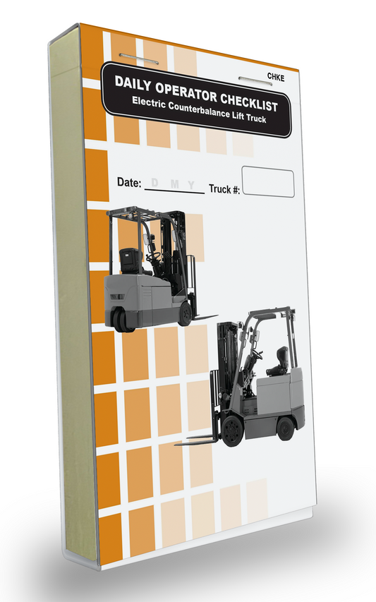 Cover of the Daily Operator Checklist logbook for Electric Counterbalance Lift Trucks. The cover features an orange and white grid background with two images of a gray electric counterbalance forklift. It includes fields to record the date and truck number, with bold black text labeling the log book.