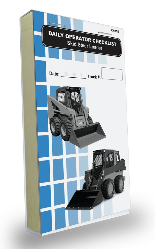 Cover of the Daily Operator Checklist logbook for Skid Steer Loaders. The cover features a blue and white grid background with two images of a gray Skid Steer Loaders. It includes fields to record the date and truck number, with bold black text labeling the log book.