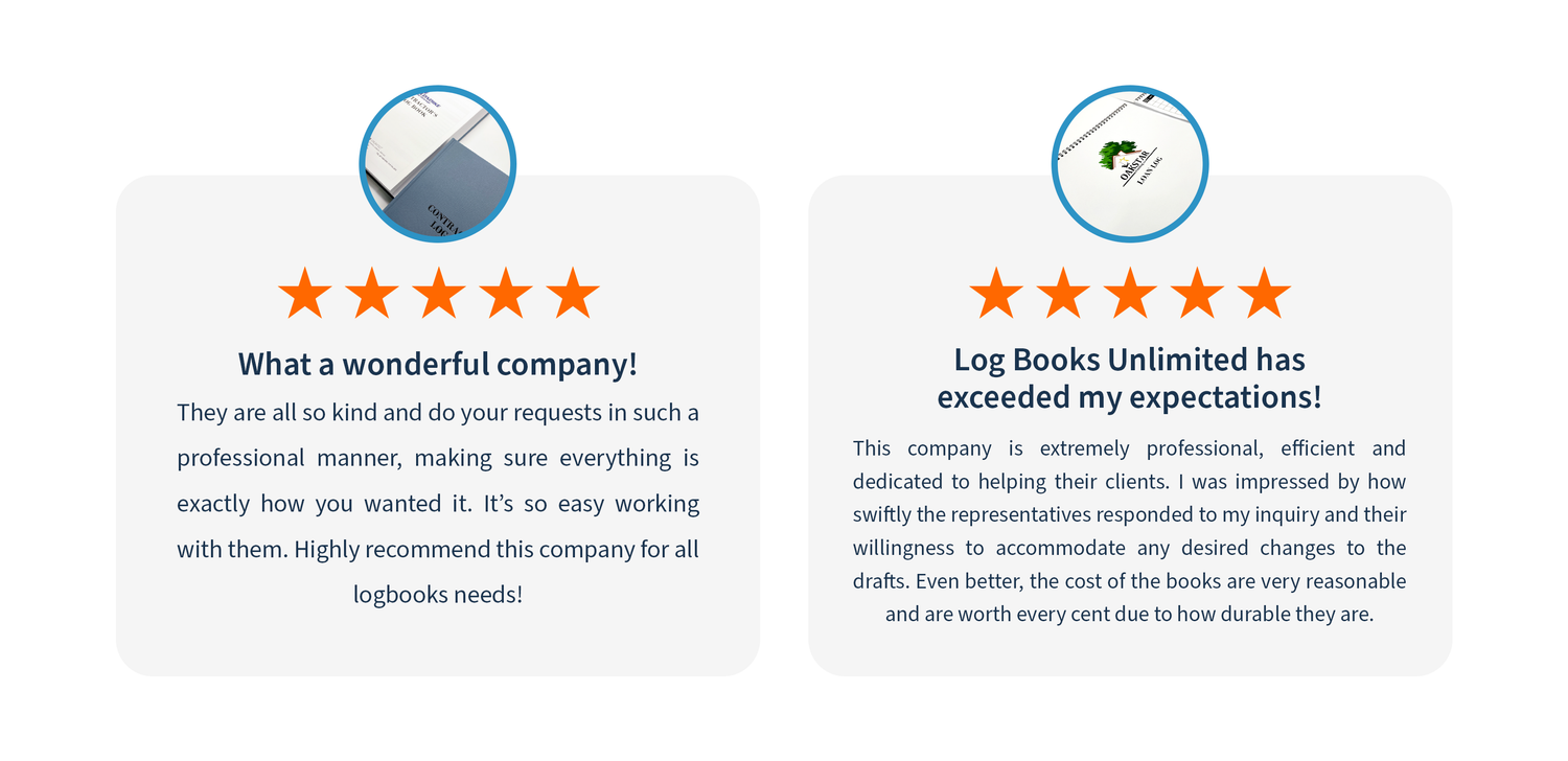 Two testimonials stating the exceptional service of Log Books Unlimited, giving the company five out of five stars.