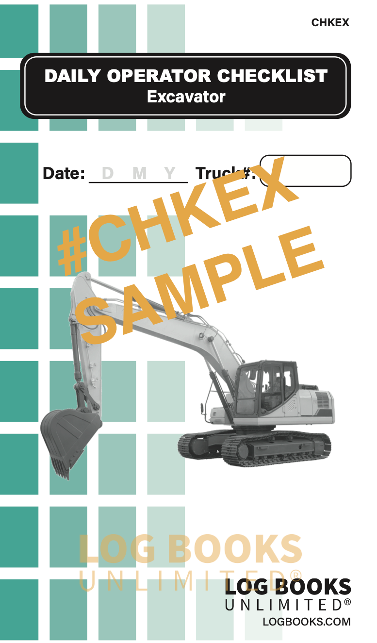 "Daily Operator Checklist – Excavator" logbook. The cover features an Excavator illustration and spaces to record the Date and Truck Number. The background consists of green squares, and the logbook branding "LOG BOOKS UNLIMITED®" is visible at the bottom. 