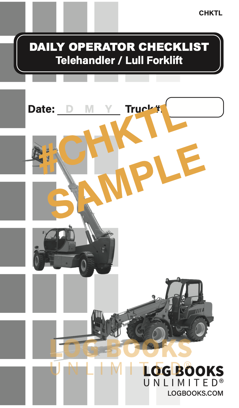 "Daily Operator Checklist – Telehandler/ Lull Forklift" logbook. The cover features a Telehandler/ Lull Forklift illustration and spaces to record the Date and Truck Number. The background consists of grey squares, and the logbook branding "LOG BOOKS UNLIMITED®" is visible at the bottom. 