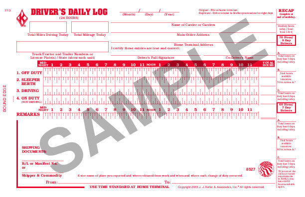 Driver's Daily Log Book w/Detailed DVIR, 70-Hour/8-Day Recap - Stock (Qty:  10 Units)